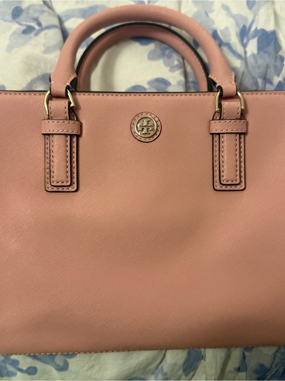 Tory Burch Dusty Pink Saffiano Leather Satchel with Gold Logo